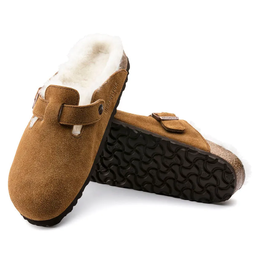 Birkenstock Women's Boston Suede Leather Shearing Clogs Mink Brown