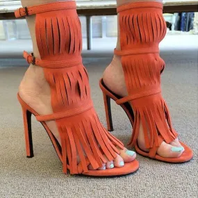 Fringe Suede Cutout High Heel Sandals