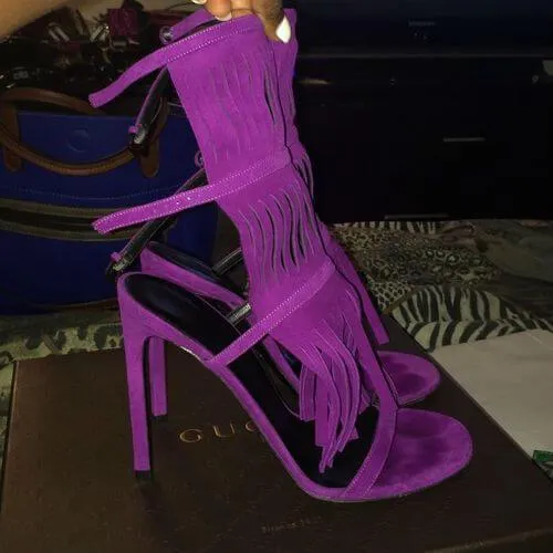 Fringe Suede Cutout High Heel Sandals