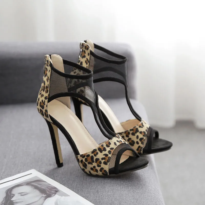 Leopard Peep Toe High Heel Mesh Cutout Sandals
