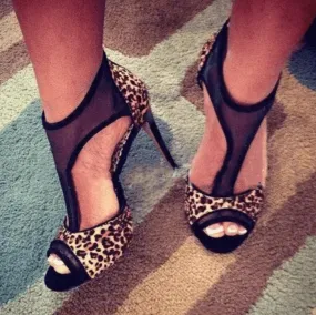 Leopard Peep Toe High Heel Mesh Cutout Sandals