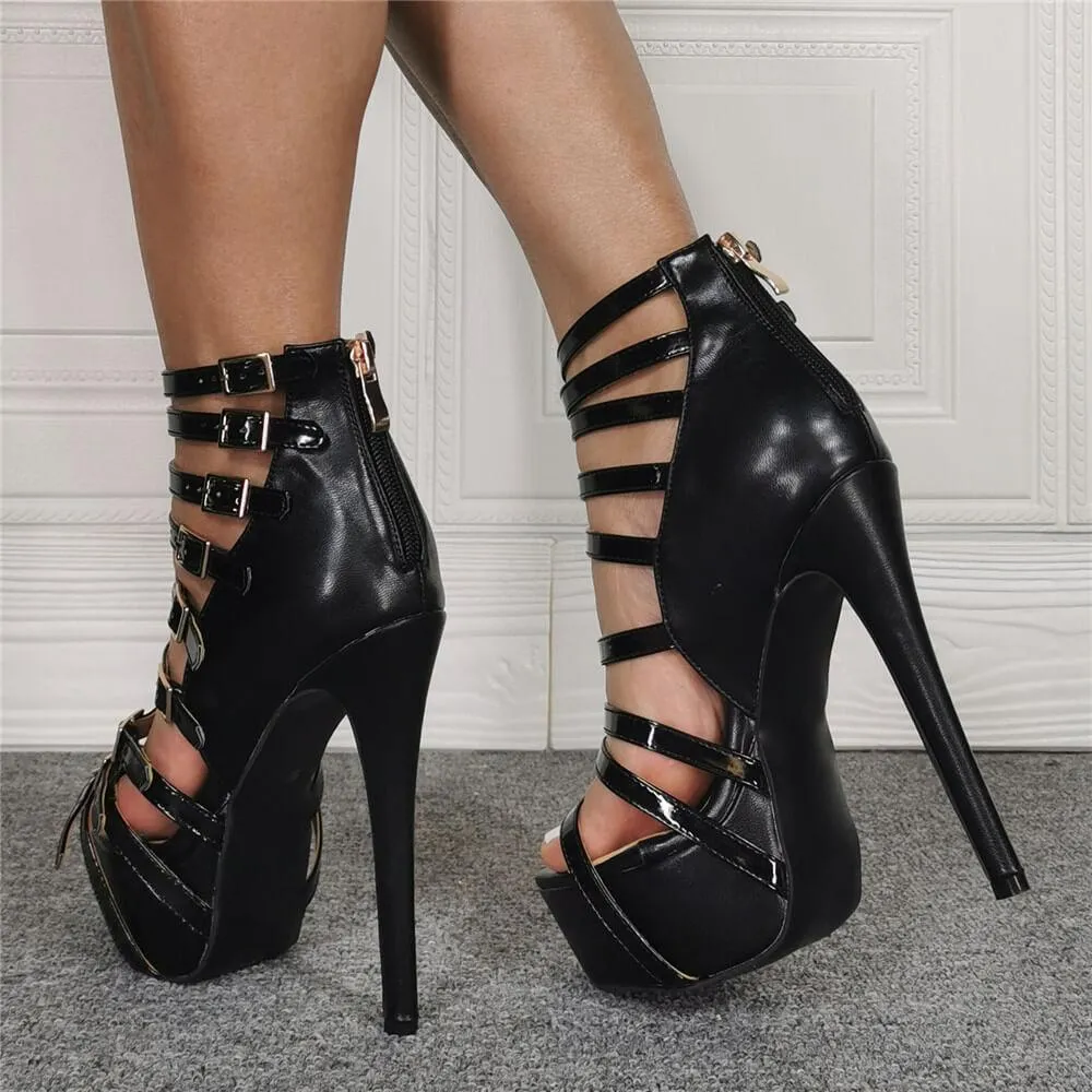 Party Black PU Platform High Heel Buckle Sandals
